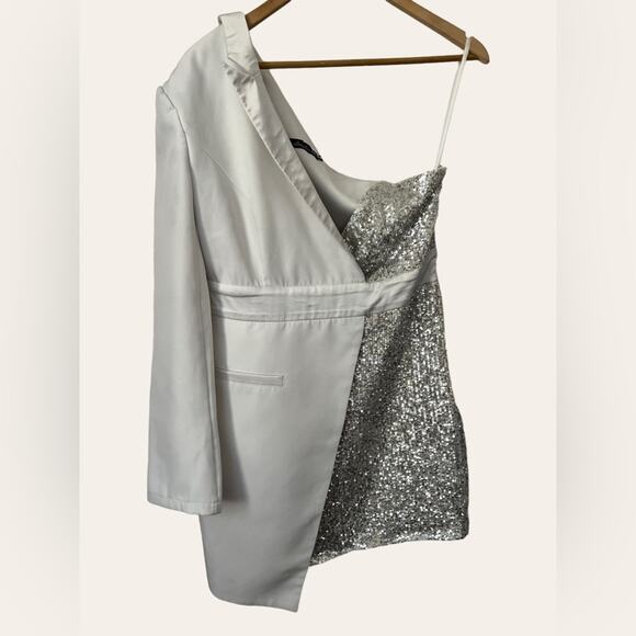 Elle Zeitoune Alexa Silver Sequined Long Sleeve Asymmetrical Mini Dress Size M - Picture 4 of 11